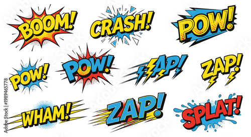 Comic book onomatopoeia sound effect bubbles set on white background