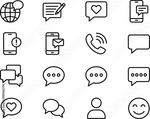 Communication and messaging line icons set, chat bubbles, mobile notifications, phone call symbols, social media interface vector illustration isolated on white background