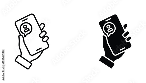 Hand holding smartphone with chat bubble icon set for mobile communication and messaging app user interface design