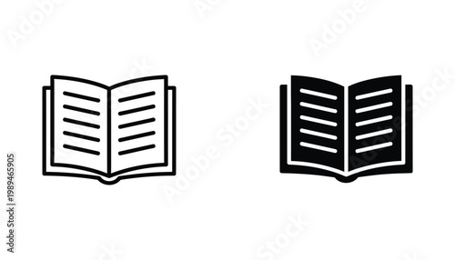Open book icon set for education and literature projects in line and solid black styles for web and print media design