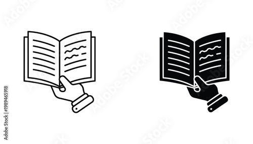 Hand holding open book icon set in outline and solid styles for education literature and reading interface design elements