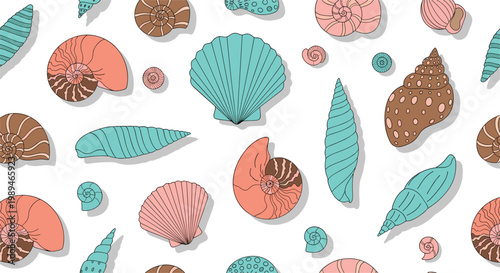 Vibrant Seashell Seamless Pattern Vector Illustration with Scallop Nautilus Cone and Spiral Shells in Coral Turquoise for Summer Beach Fabric Wallpaper and Coastal Designs