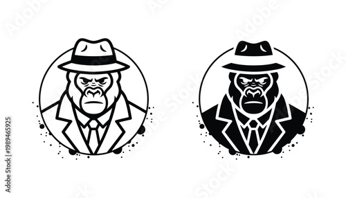 Gorilla detective mascot logo design in noir style with fedora hat and trench coat for mystery and investigative branding projects