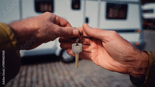 A person hands over the keys to a new caravan to a client. successful vehicle sale and trust. automotive and business content.