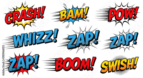 Comic book sound effect bubbles on white background
