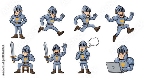 Collection of Cartoon Knights in Various Poses and Actions.