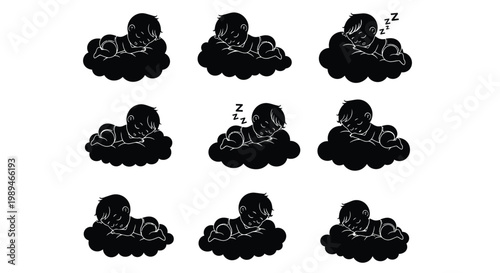 Sleeping babies illustrated as silhouettes resting on fluffy clouds a peaceful scene