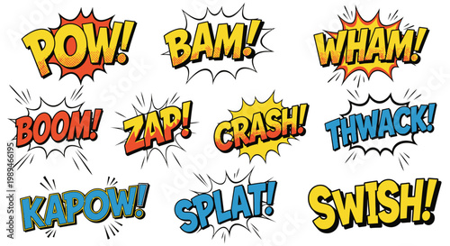 Comic book sound effect bubbles set on white background