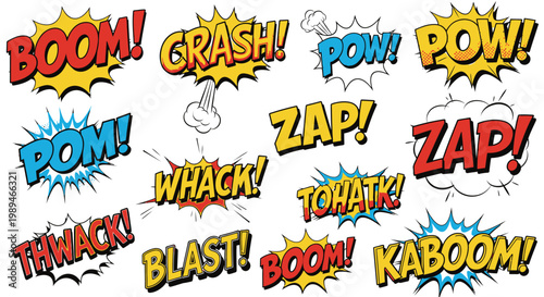Comic book sound effect bubbles set on white background