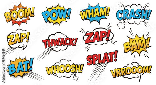 Comic book sound effect bubbles set on white background