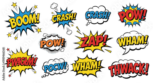 Comic book sound effect bubbles with action onomatopoeia text