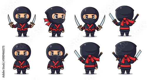 Cute Ninja Characters Set with Weapons and Red Scarves.