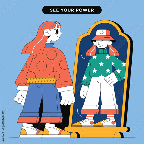 Self reflection mirror showing stronger version of character with see your power text