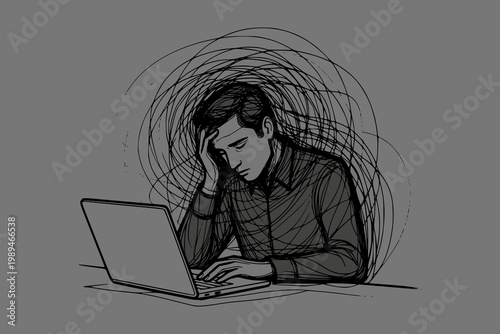 A worried man at a laptop shown in sketch style on a gray background, concept of stress and overthinking daily. Concept of burnout and digital noise