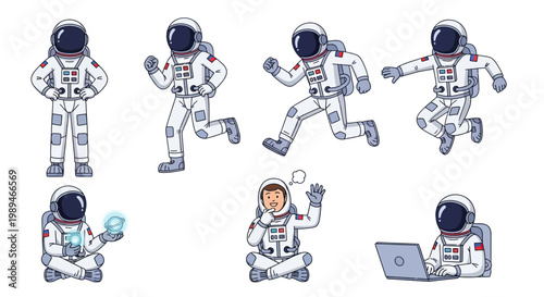 Astronauts in Various Poses and Activities in Space.