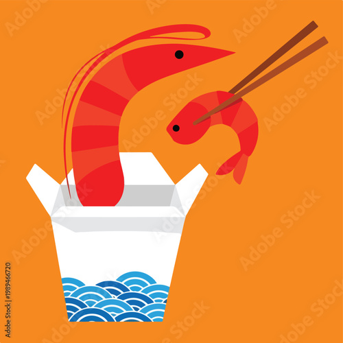 Flat vector illustration of shrimp in a Chinese takeout box with chopsticks on orange background.