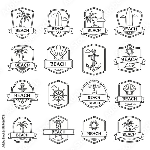 Collection of beach themed emblems and badges.