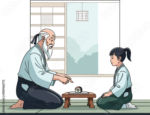 Elderly Japanese martial arts master teaching a young girl student in a traditional dojo.