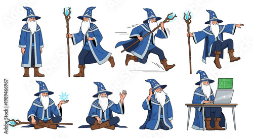 Collection of Wizard Characters in Various Poses and Actions.
