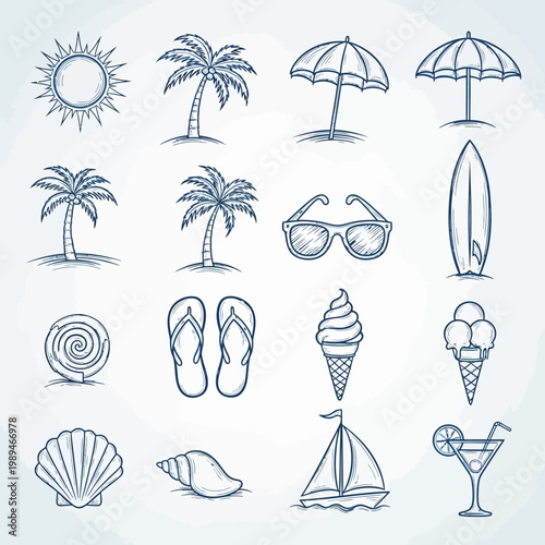 Collection of Hand Drawn Summer Beach Vacation Icons and Symbols.