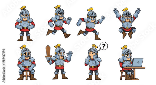 Medieval Knight Character Set in Various Poses.