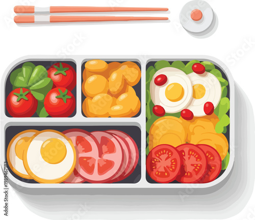 Healthy Bento Box Lunch with Eggs Tomatoes and Vegetables.