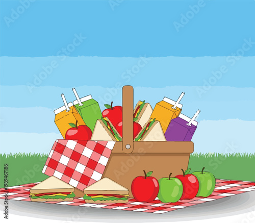 Picnic basket filled with sandwiches fresh fruit and refreshing drinks on a checkered cloth.