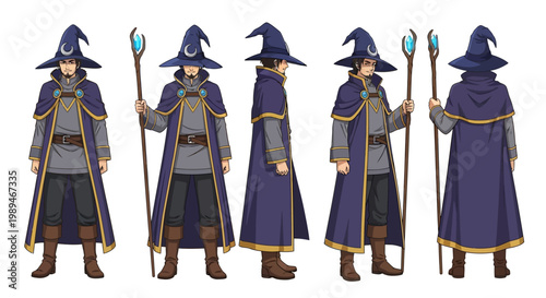 Fantasy Wizard Character Design Front and Side Views.