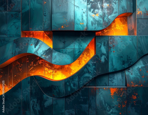 Abstract, geometric artwork composed of teal and orange tones. The wavy, carved design contrasts against the rectangular background. It has a futuristic feel