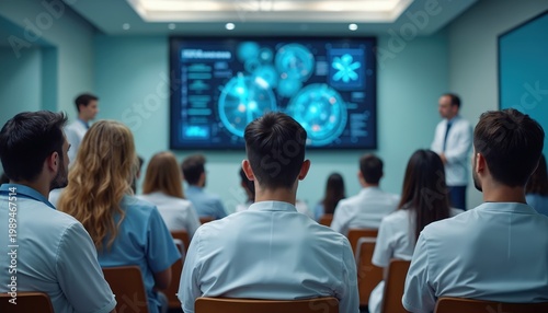 Medical professionals attend conference. Doctors learn about new health tech. Staff get training in hospital lecture hall. Gathering for medical education science.
