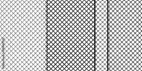 Black and white close up of a repeating chain link fence pattern