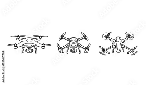 Modern quadcopter drone line art icon set with editable stroke for aerial technology and delivery systems vector