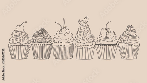 A Line of Deliciously Decorated Cupcakes in a Hand-Drawn Sketch Style