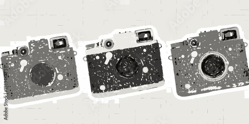 Three vintage cameras illustrated in a grayscale textured style