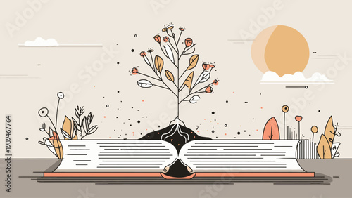 Line art illustration of a plant growing from an open book, symbolizing education, knowledge, and personal growth with a modern pastel aesthetic
