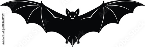 Black silhouette of a flying bat isolated on white background.