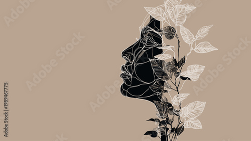Abstract Botanical Silhouette of a Woman's Profile Intertwined with Delicate Leafy Vines