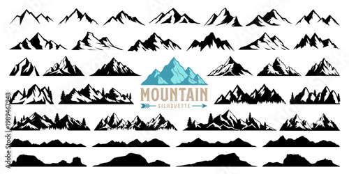 Mountain silhouette set with christmas or pine tree for summer holiday travel business. Hiking hill peak, camping, rain forest and nature icon or logo. Mountain line art, symbol and sticker background