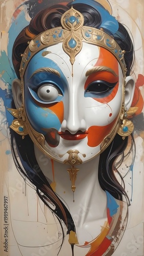Abstract Mythological Deity Face Illustration With Gold Ornaments And Vibrant Blue And Orange Paint Splatter Artistic Mask Design