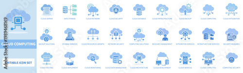 Set of Flat cloud computing and network infrastructure vector icon set featuring data storage, security, hosting, and server management symbols 