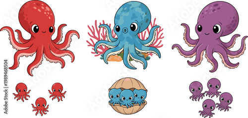 Collection of Colorful Octopus Designs, Featuring Different Poses, Colors, and Family Interactions