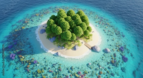 aerial view of a small tropical island with trees and coral reef