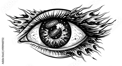 Mystical Eye with Galactic Pupil and Abstract Flame Eyelashes. Detailed Black and White Cosmic Vision Illustration, Esoteric Art.