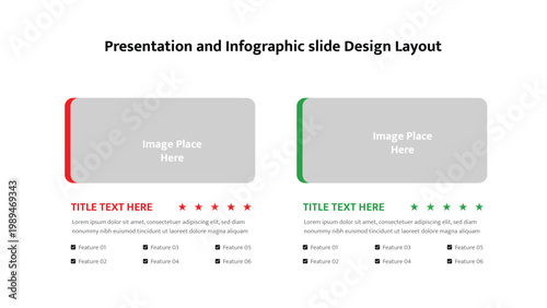 Two column infographic slide template for image placeholders with star ratings