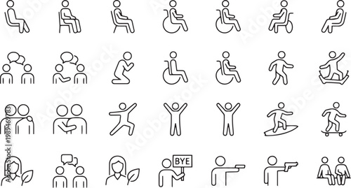 Black and white linear vector icon set featuring people in various poses including sitting walking praying surfing skateboarding waving and holding signs