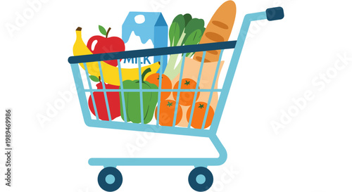 A shopping cart filled with various fresh groceries