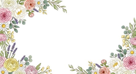 Watercolor floral frame border with elegant pink, and white  yellow roses on white background.