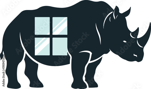 Minimalist graphic design featuring a silhouette of a rhinoceros with a window pane cutout.