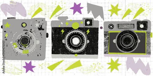 Stylized illustration featuring three vintage cameras and colorful abstract shapes