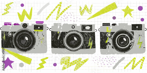 Retro cameras with abstract shapes and vibrant color accents